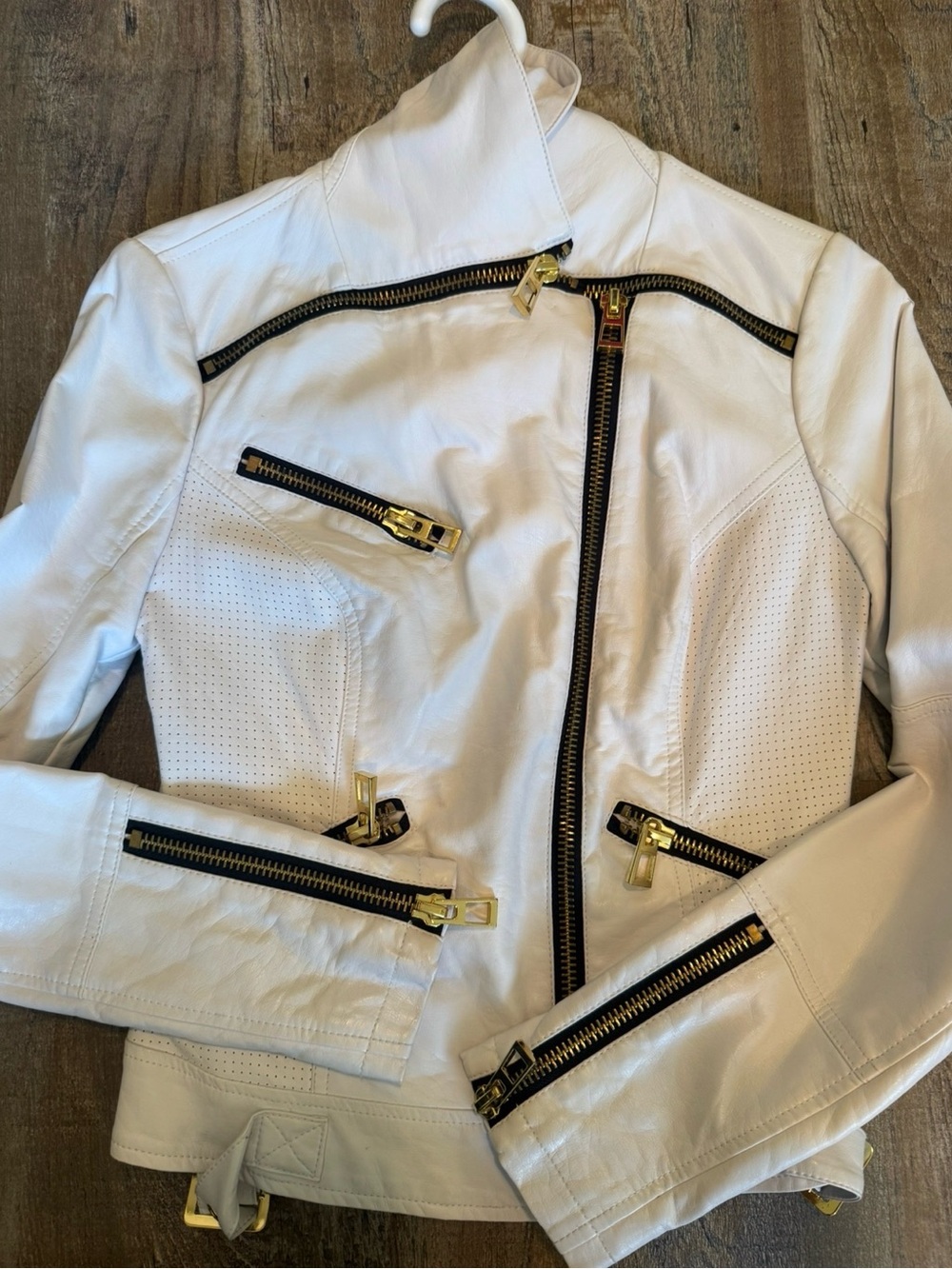 Guess White Leather Moto Jacket with Gold Hardware